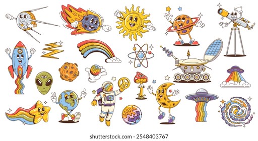 Retro groovy space characters, cartoon psychedelic alien, hippie sun, earth, moon and saturn planets. Trippy vector personages of astronaut, rocket, spaceship and UFO. Groovy space satellite and star