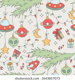 Retro Groovy Space Christmas Tree Ornaments in the form of Spaceships, Aliens, Rockets, Planets and Stars vector seamless pattern. Great for festive wrapping paper, holiday apparel, greeting cards