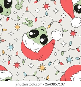 Espaço retrô Groovy vetor de Natal padrão sem costura com verde Alien em Santa Hat mostrando sinais de paz com guirlandas e estrelas coloridas no fundo. Perfeito para papel de embrulho de férias, saudação