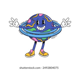 Retro groovy space planet cartoon character. Isolated vector vibrant, funky Saturn planet personage with a ring, wide smile, psychedelic colors and swirling, hypnotic patterns, shows welcoming gesture