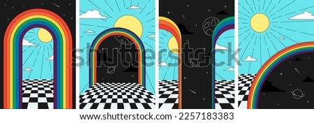 Retro groovy space in rainbow art poster set. Hippie style sun in surreal cosmic arch print collection. Vintage boho universe in abstract doorway banners. Trendy y2k pop culture geometric eps placard