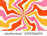 Retro groovy spiral background. Vector swirl sunburst pattern with grainy texture. Wavy radial sunrays bg. Strawberry pink and orange psychedelic stripes. 70s funky vortex disco style illustration