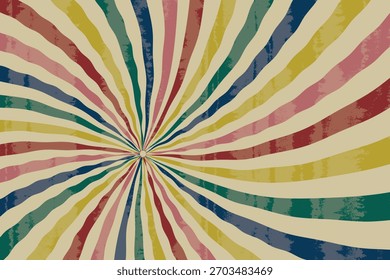 Fundo retro groovy espiral burst, raios de sol de circo vintage com textura de papel grunge. Cartaz colorido de espiral psicodélico, padrão abstrato de carnaval dos anos 70. Ilustração vetorial de explosão solar hipnótica.