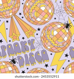 Retro groovy spooky disco ball with scary face and spiders cobweb vector seamless pattern. Hand drawn linear style creepy mirror ball background. October 31st Halloween holiday party trick or treat