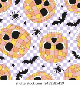 Retro groovy spooky disco ball in the form of human skull with spiders and bats on checkerboard vector seamless pattern. Hand drawn linear style creepy braincase mirror ball background. October 31st