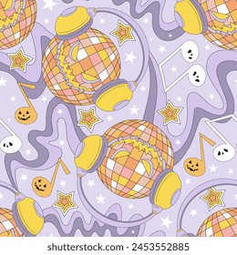 Retro groovy spooky Dj disco ball in headphones with scary music notes vector seamless pattern. Hand drawn linear style creepy mirror ball background. October 31st Halloween holiday party trick or