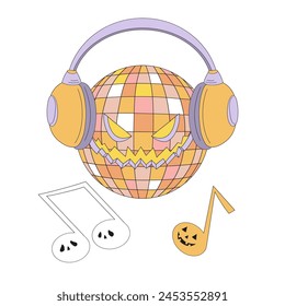 Retro groovy spooky Dj disco ball in headphones with scary music notes vector illustration isolated on white. Hand drawn linear style creepy mirror ball print poster postcard design. October 31st