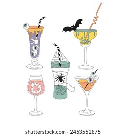 Retro groovy spooky Halloween party cocktails decorated with eyes bat worms spider vampire teeth vector illustration set isolated on white. Hand drawn style creepy alcohol drinks print poster postcard