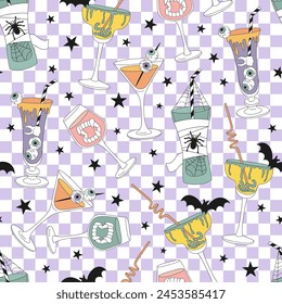 Retro groovy spooky Halloween party cocktails decorated with eyes bat worms spider vampire teeth vector seamless pattern. Hand drawn style creepy alcohol drinks on checkerboard background. October