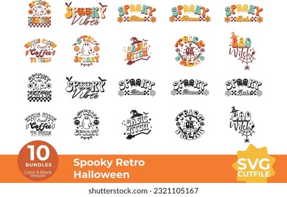 Retro Groovy Spooky Halloween SVG Bundles, Cortar archivos para máquinas de corte como Cricut y Silhouette, citas, bruja, calabaza