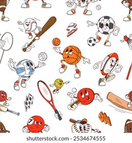 Retro groovy sport characters seamless pattern background, vector cartoon balls. Comic groovy sport characters pattern of funky volleyball and freaky baseball bat with rugby ball and badminton racket