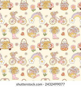 Retro Groovy Spring Doodle Seamless Pattern. Playful and Nostalgic kid Design isolated on background.