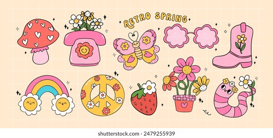 Retro groovy Spring flower power vintage 90s item with flower collection doodle line drawing