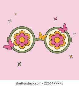 Retro groovy spring and summer floral sunglasses sticker. Greeting card, banner, poster. 70s 60s cartoon aesthetics