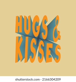 Retro groovy square HUGS and KISSES slogan with 3D effect text for tee t shirt or sticker. Vintage vector print design editable illustration EPS 10