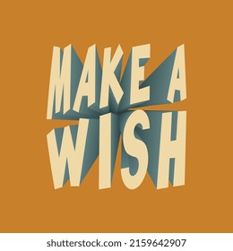 Retro groovy square MAKE A WISH slogan with 3D effect text for tee t shirt or sticker. Vintage vector print design editable illustration EPS 10