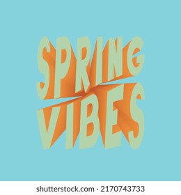 Retro groovy square 'SPRING VIBES' slogan with 3D effect text for tee t shirt or sticker. Vintage vector print design editable illustration EPS 10