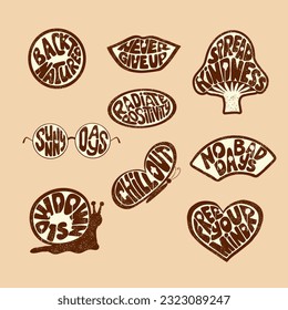 Retro groovy stamps in different forms. Vector typographic flat isolated stickers or printouts with paint spalshes. Groovy slogans. Ideal for t shirt print, decoration