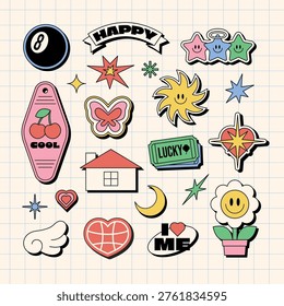 Retro Groovy Sticker Pack Y2K Aesthetic Vector Set with Happy Sun Stars Hearts and Pop Art Elements