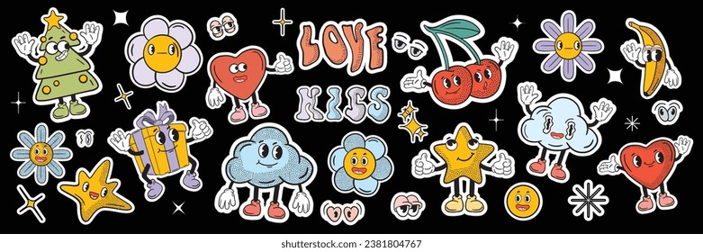 Retro groovy sticker patch set, vector vintage funny mascot character kit, cartoon funny flower. Acid cute psychedelic cloud, pop comic rave doodle, funky nostalgic print. Hippy groovy sticker hands