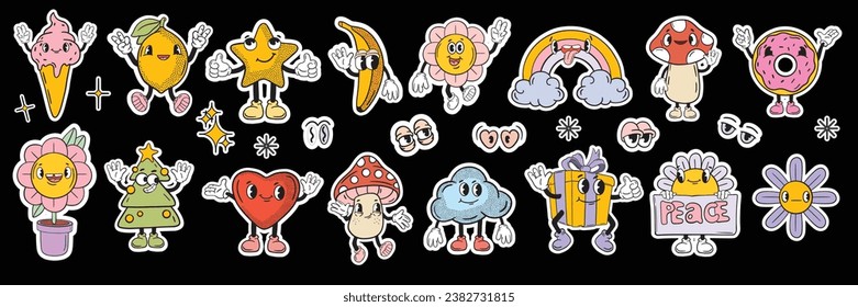 Retro groovy sticker patch set, vintage funny mascot character kit vector cartoon funny flower. Acid cute psychedelic cloud, pop mushroom comic doodle funky nostalgic print. Hippy groovy sticker hands