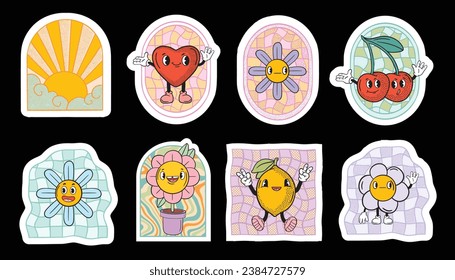 Retro groovy sticker patch set, funny mascot character kit vector cartoon vintage funny flower. Acid cute psychedelic cloud, pop cherry comic doodle funky nostalgic print. Hippy groovy sticker pack
