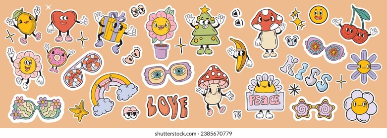 Retro groovy sticker patch set, vintage funny mascot character kit vector cartoon sunglasses. Acid cute psychedelic cloud, pop mushroom comic doodle funky nostalgic print. Hippy groovy sticker hands