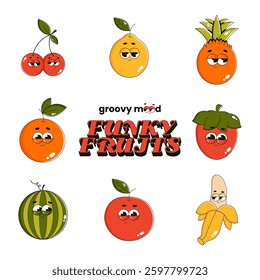 Retro groovy sticker and patch of summer fruits. Comic characters strawberry, lemon, banana, apple, pineapple, orange, cherry, watermelon. Vector illustration