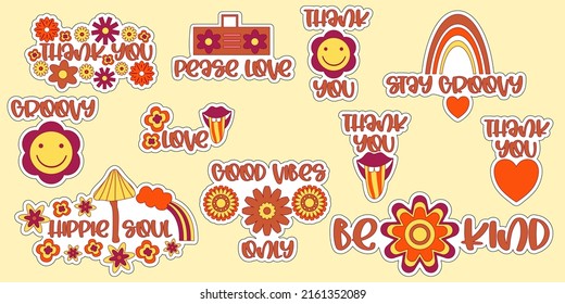 Retro groovy sticker set 70s hippie style. Cartoon vector illustration. Groovy flower elements. Isolated vector illustration. Thank you and inspiring retro sticker.