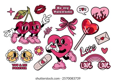 Retro groovy sticker set for Valentines day. Heart and cherry characters in trendy retro 60s 70s cartoon style. Romantic vector characters and elements.