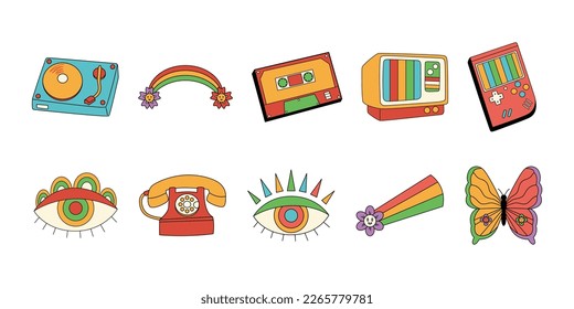 Retro Groovy Sticker Vector Set