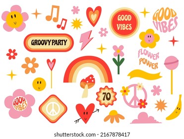 Retro groovy stickers. 70s nostalgic vibes. Hippie vector illustrations. 70s retro sticker pack. Retro stickers, mushroom, daisy flowers, peace symbol, psychedelic elements. Nostalgic aesthetic