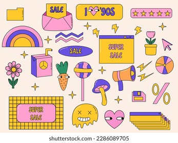 Retro groovy stickers. 90s nostalgic vibes. Back to 90s. Hippie vector illustrations. 90s retro sticker pack. Nostalgic aesthetic illustrations set