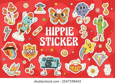 Retro groovy stickers of cartoon hippie characters. Vector hippy daisy flowers, rainbow butterfly, mushroom, rocket and UFO. Funky groovy star, planet, hippie peace symbol and vintage camera emoji