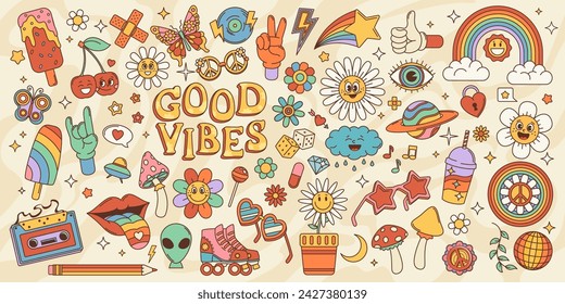 Retro groovy stickers and icons cartoon vector psychedelic nostalgic set. Ice cream, cherry, rainbow and flowers, alien, cloud planet and amanita mushroom. Tape, roller skates, sunglasses or butterfly