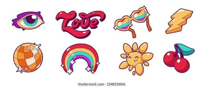 Retro Groovy Aufkleber mit Regenbogen, Sonnencharakter, Disco-Ball, Blitz und Auge. Psychedelische Rave-Symbole mit Liebessymbol, Kirschen- und Herzgläsern, Vektorgrafik im zeitgenössischen Stil