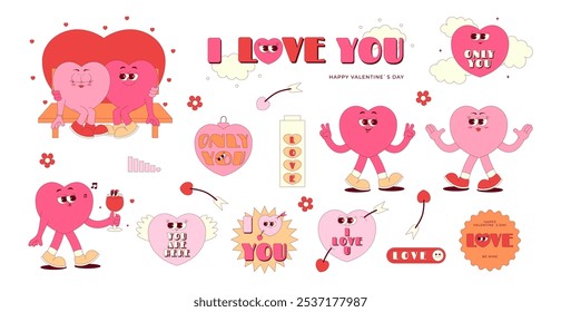 Retro groovy stickers set for Happy Valentines Day. Lovely and funny characters in shape of heart in trendy retro 60s 70s style. Love elements on transparent background