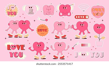 Retro groovy stickers set for Happy Valentines Day. Lovely and funny heart characters in trendy retro 70s 80s style. Love elements on pink background