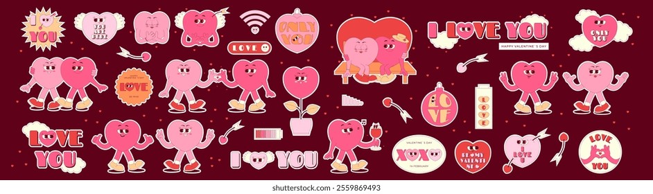 Retro groovy stickers set for Happy Valentines Day. Lovely and funny characters in shape of heart in trendy retro 60s 70s style. Love elements on dark background