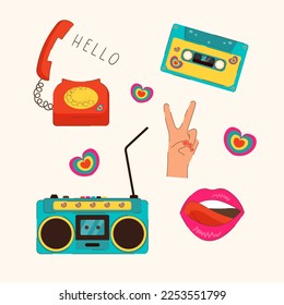 Retro groovy stickers in the style of the 90s. Stickers of cassette, tape recorder, phone, lips with tongue, hand gesture peace