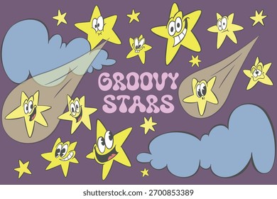 Retro groovy stras cartoon characters, funny whimsical star mascot