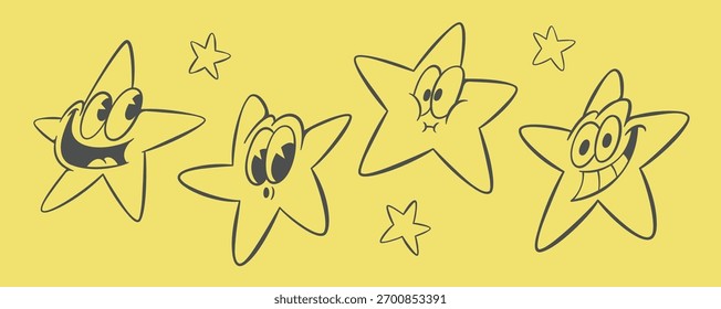 Retro groovy stras cartoon characters, funny whimsical star mascot