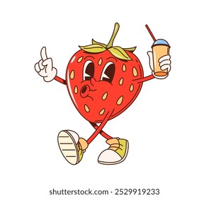 Caractere retro groovy morango morango andando com um copo. Vetor isolado de desenhos animados animado personagem de frutas usa tênis, segurando caneca de papel com bebida, alegria irradiante, com olhos expressivos e um sorriso