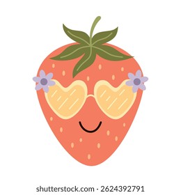 Retro groovy strawberry, cute cartoon seasonal fruit. Fruit character, summer hand drawn vector illustration in flat style
