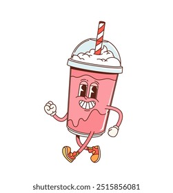 Personagem retro groovy morango milkshake sobremesa com um palha vermelha. Vetor de desenhos animados isolado Personagem de xícara alegre com uma tampa de cúpula e chantilly creme vestindo tênis, e correndo com um grande sorriso