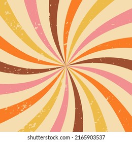 Retro groovy striped background of the 70s style. Abstract colorful rays grunge vintage backdrop. Rainbow swirl burst vector illustration flat style