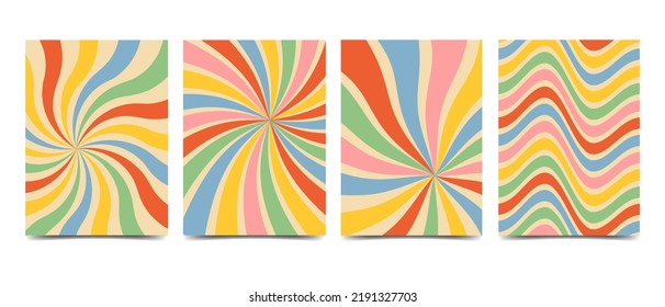 Retro groovy striped background of the 70s style. Abstract colorful rainbow rays vintage backdrop. Twisted and distorted texture vector illustration flat style