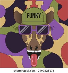 Retro Groovy style art with giraffe. Psychedelic abstract poster cover template. Vector illustration can used t-shirt print interior design art.