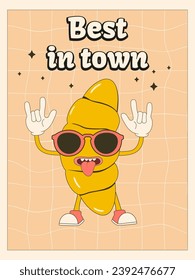 Retro groovy style bakery poster with funny croissant character.