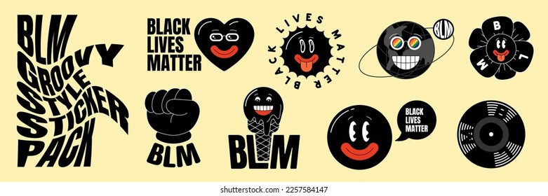 Retro groovy style BLM sticker pack set. Black lives matter labels. Hippie crazy cartoon character collection. Abstract vintage hippy various anti racism emoji. Emoticon trendy y2k vector eps mascots